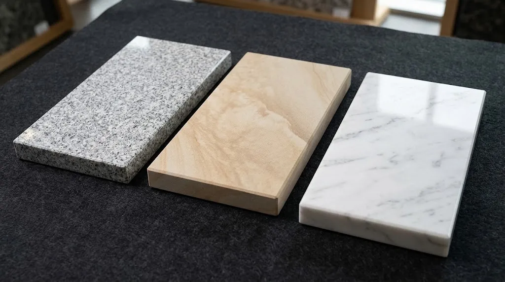 Drei polierte Steinmuster: Granit, Sandstein, Marmor