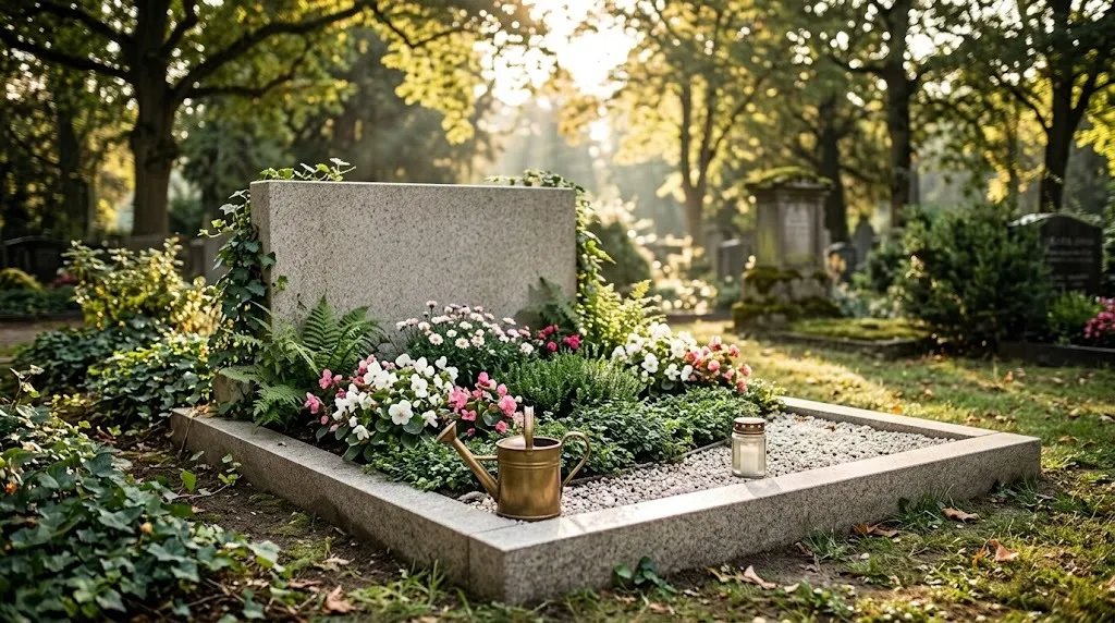 Gepflegtes Familiengrab mit frischen Blumen und Messing-Gießkanne im Morgenlicht