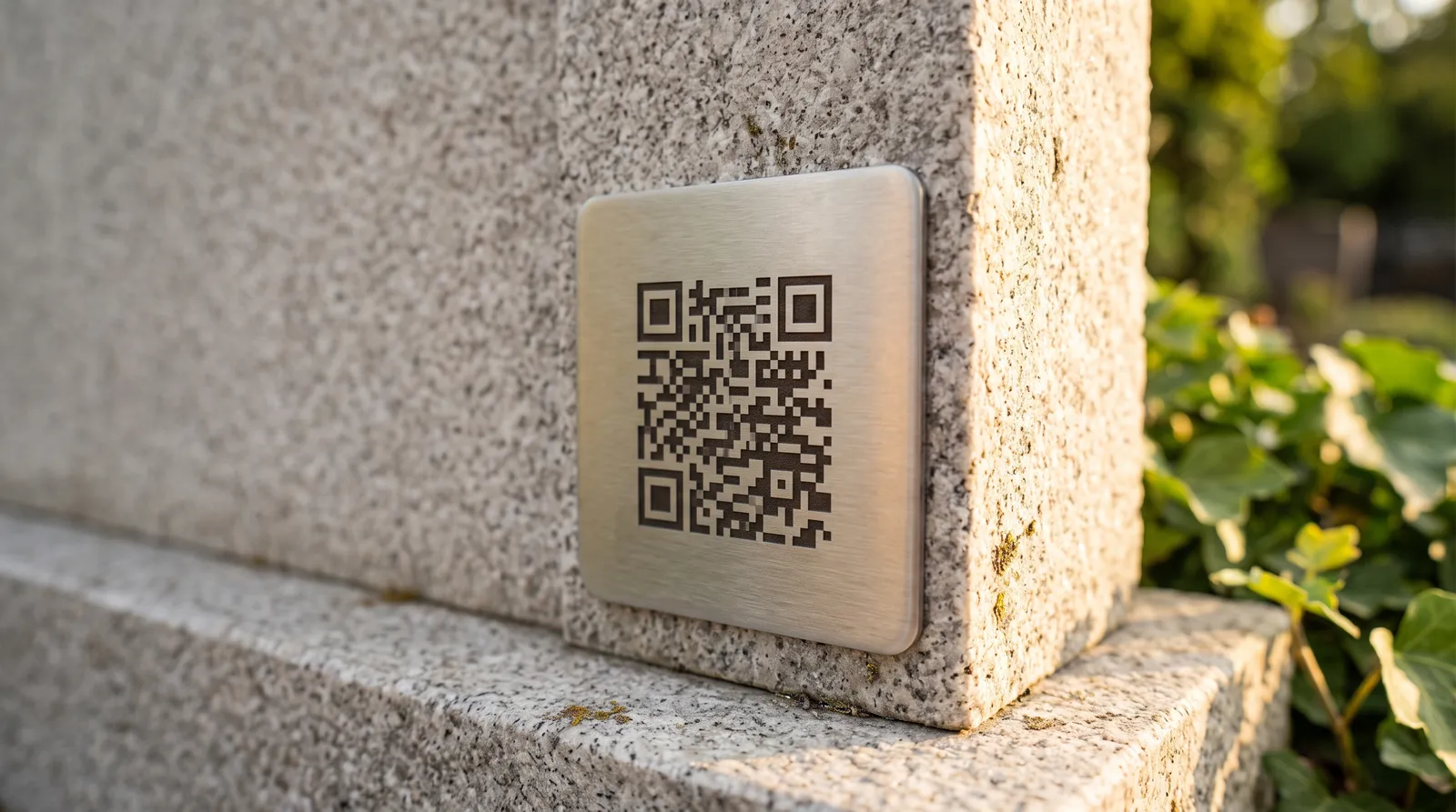 Gravierte Edelstahl-QR-Plakette an einem Granitgrabstein