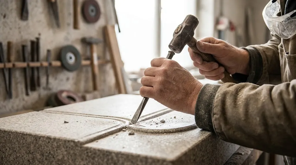 Hände eines Steinmetzen bei der feinen Arbeit am Granit